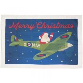 santa in a spitfire christmas tea towel gift imperial war museum shop front blue and green